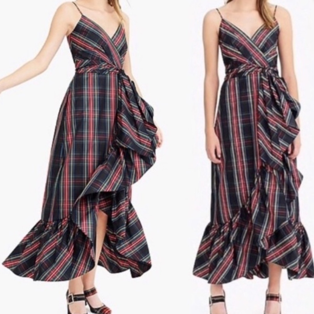 J Crew Stewart Plaid Taffeta Ruffle Mid Dress